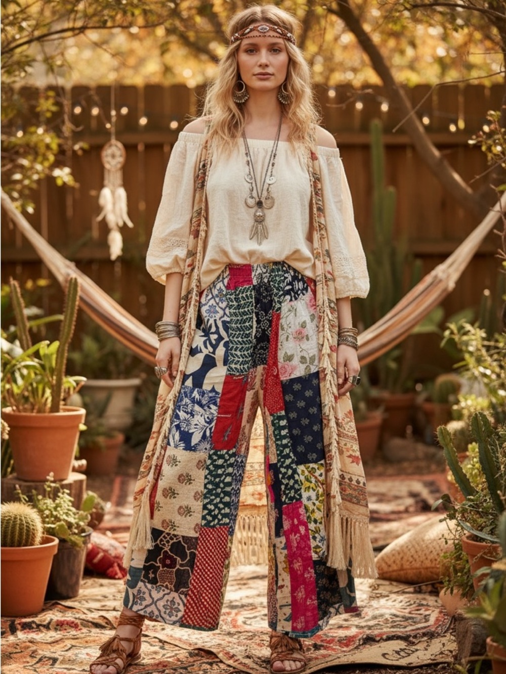 627. Assorted print wide leg smocked waist boho pant - Picture 8 of 13